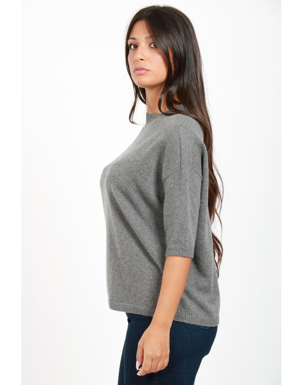 JUCCA Maglia Girocollo in Cashmere Grigia con Maniche Corte Grigio