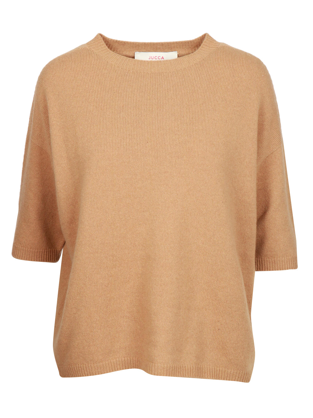 JUCCA Maglia Girocollo in Cashmere Cammello con Maniche Corte Camel