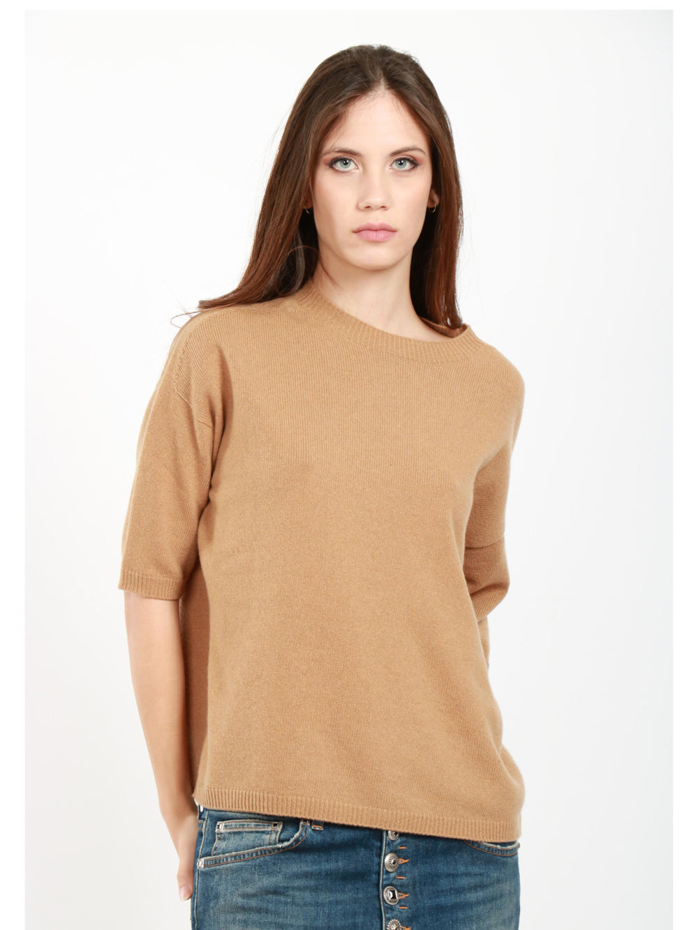 JUCCA Maglia Girocollo in Cashmere Cammello con Maniche Corte Camel