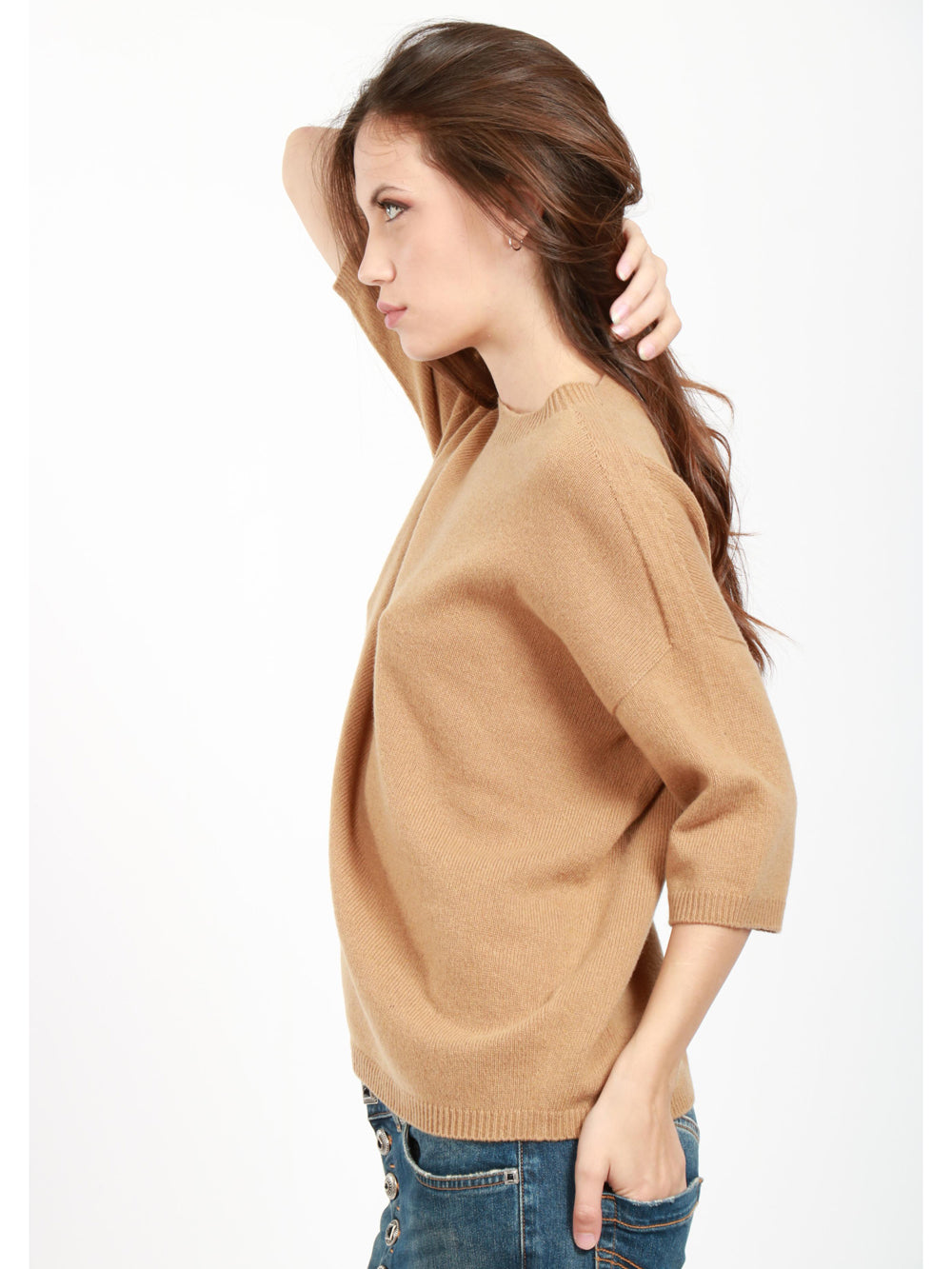 JUCCA Maglia Girocollo in Cashmere Cammello con Maniche Corte Camel