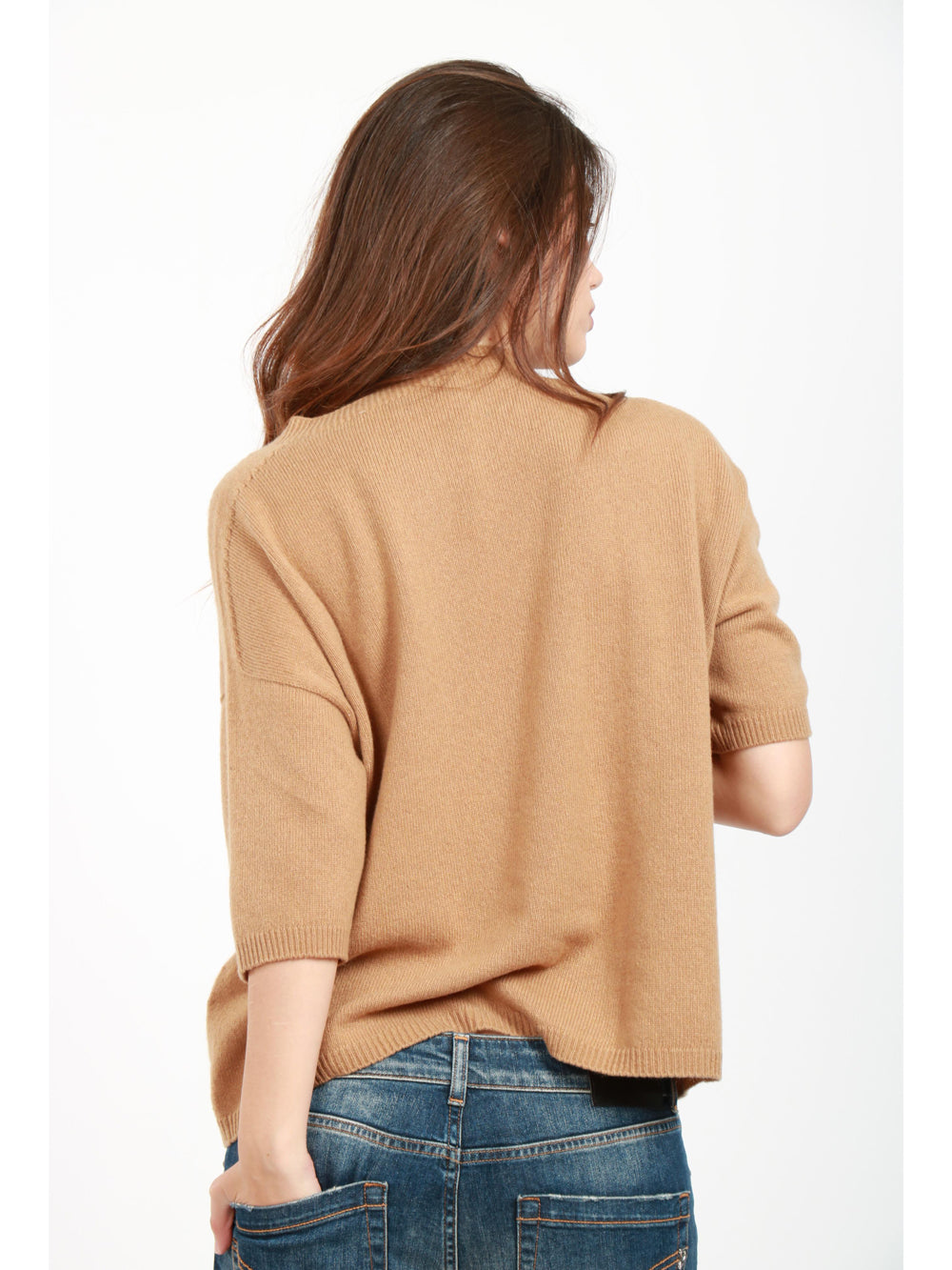 JUCCA Maglia Girocollo in Cashmere Cammello con Maniche Corte Camel