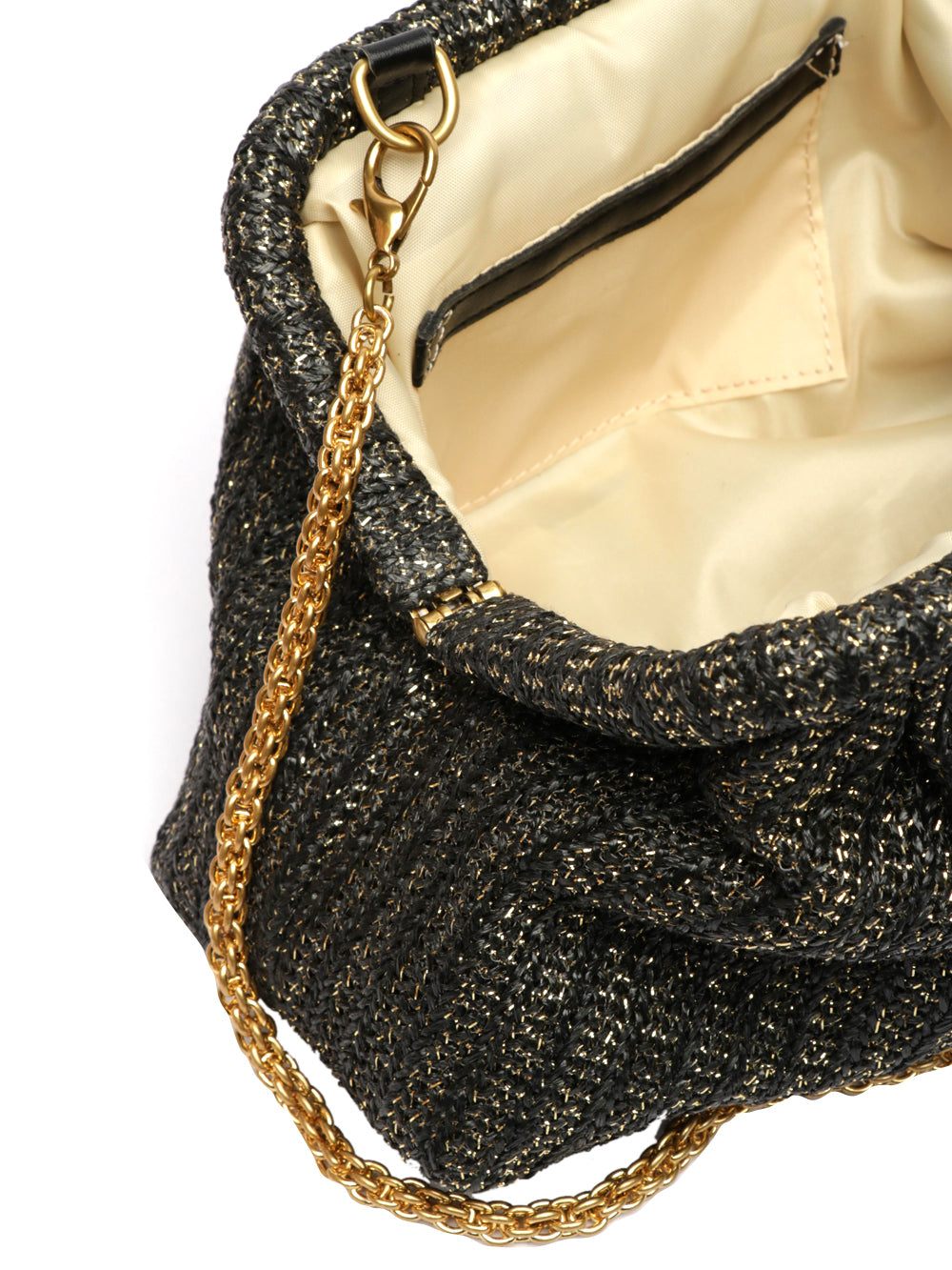 BIBI LOU Borsa Pochette Bob in Rafia Nera con Fibbia Lurex e Tracolla Nero/oro