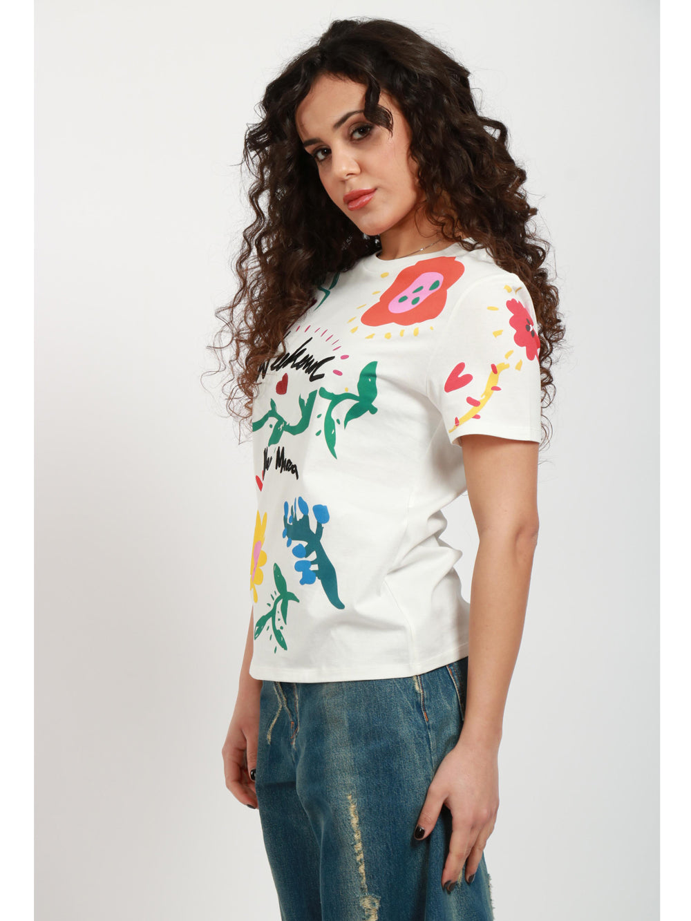 WEEKEND MAX MARA T-Shirt Cinema Girocollo Bianca con Stampa Multicolor Bianco+Color