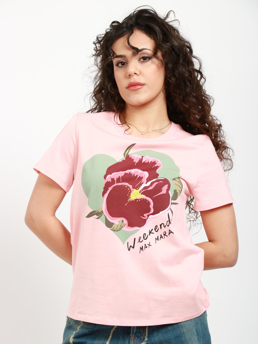 WEEKEND MAX MARA T-Shirt Yen Girocollo in Cotone Rosa con Stampa Ibisco Rosa+color